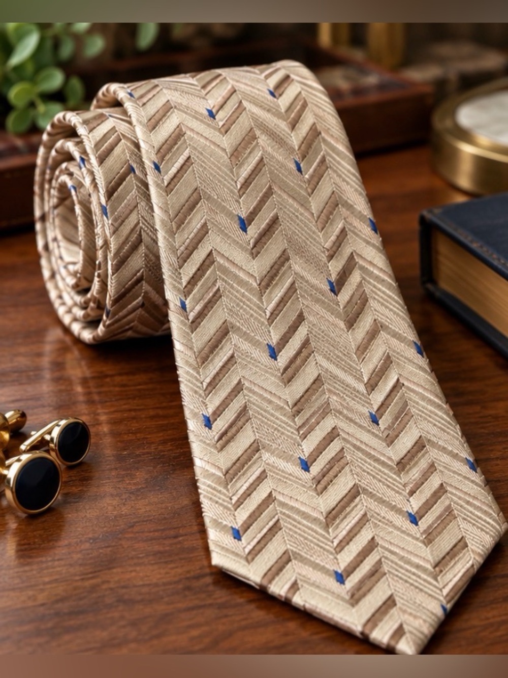 Murano 💯 Silk Men’s Geometric Chevron Woven Necktie Champagne Blue